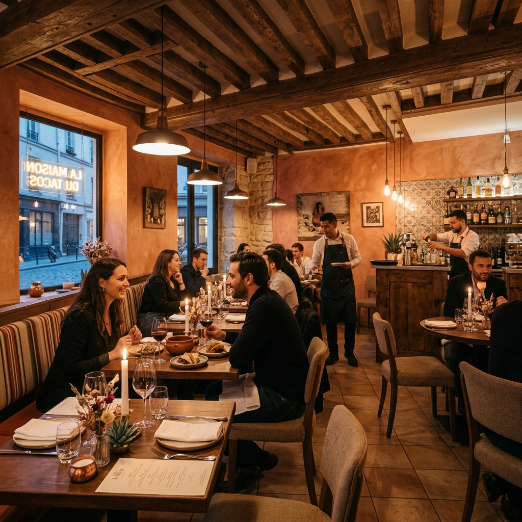 Warm Mexican Taqueria Interior Ambiance in Montmartre Paris